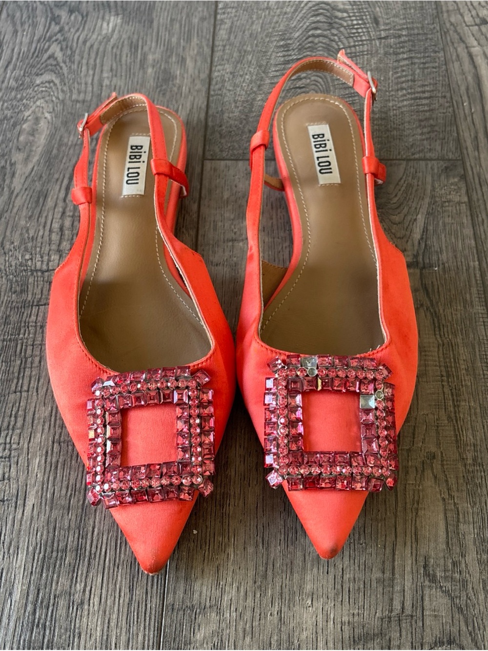 Bibi Lou Coral Pink Jeweled Slingback Mules